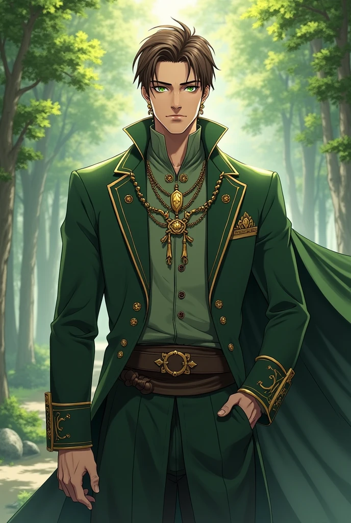 Create an male anime character using these name:  

1. - Prince Frederick Blackwood (Freddy) (he had an green eyes, brown hair, hes style resembles of earth magic user)

Make him more majestic and mature.