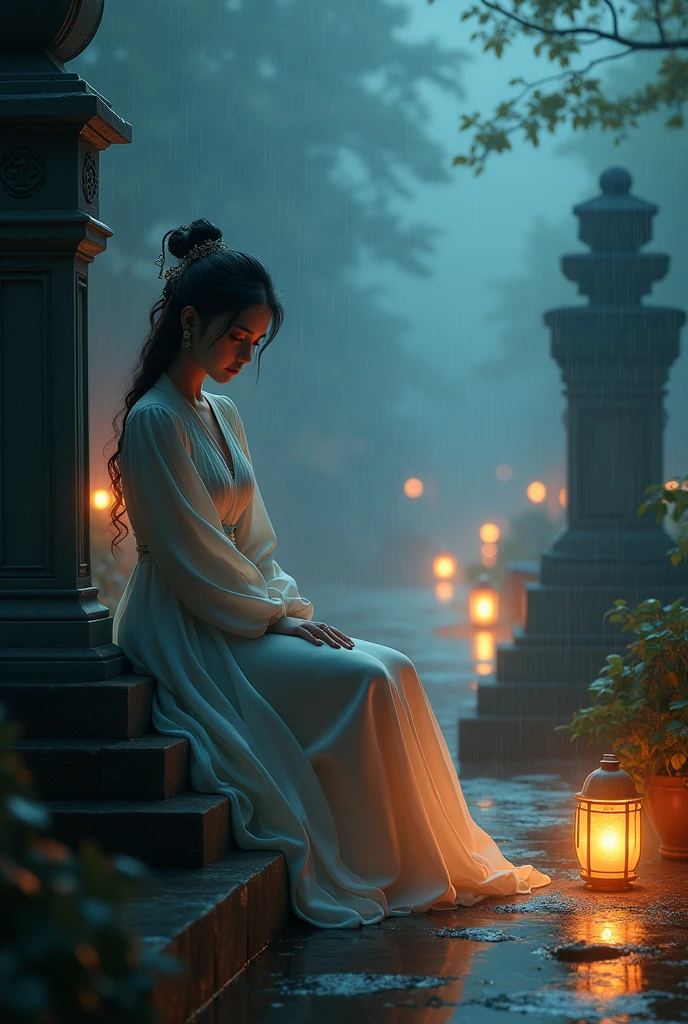 (extremely detailed CG unity 8k wallpaper), a beautiful young woman in the rain, dress, sitting, graveyard with lanterns, Style-Empire, (Style-Glass), (((surrealism))), full_body_shot, dramatic, backlit, light rays, volumetric lighting, detailed face, highly detailed, painting