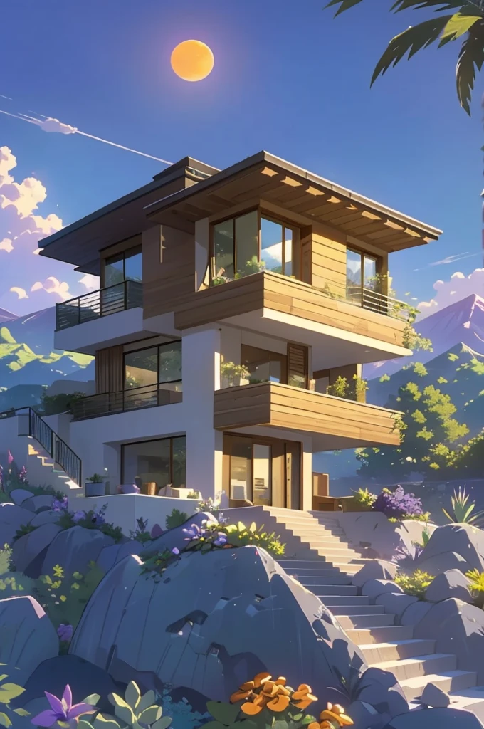 small and beautiful modern house in top of big boulders, terraces, pool, stairs, multiple cacti gardens, palms, trees, rocks, beautiful landscape design, mountains and volcano y background, amazing clouds, sun, moon, planets, milky way galaxy, concrete, wood, glass and steel materials, olive green, violet, orange and withe colors in facade