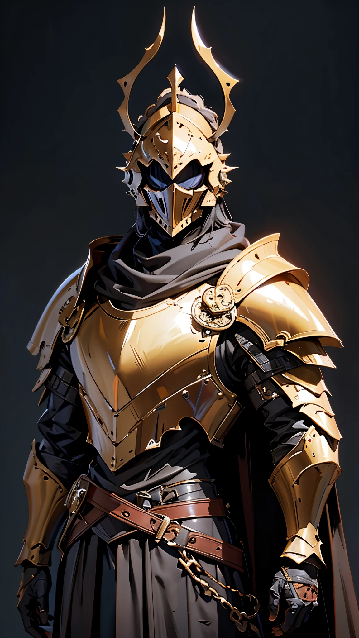 envision a 8k, highres, cinematic Full Body Concept Art Design Sheet of a Faceless Knight with a large body with Grand Brown leather armor with against a dark gray background in the style of dark fantasy