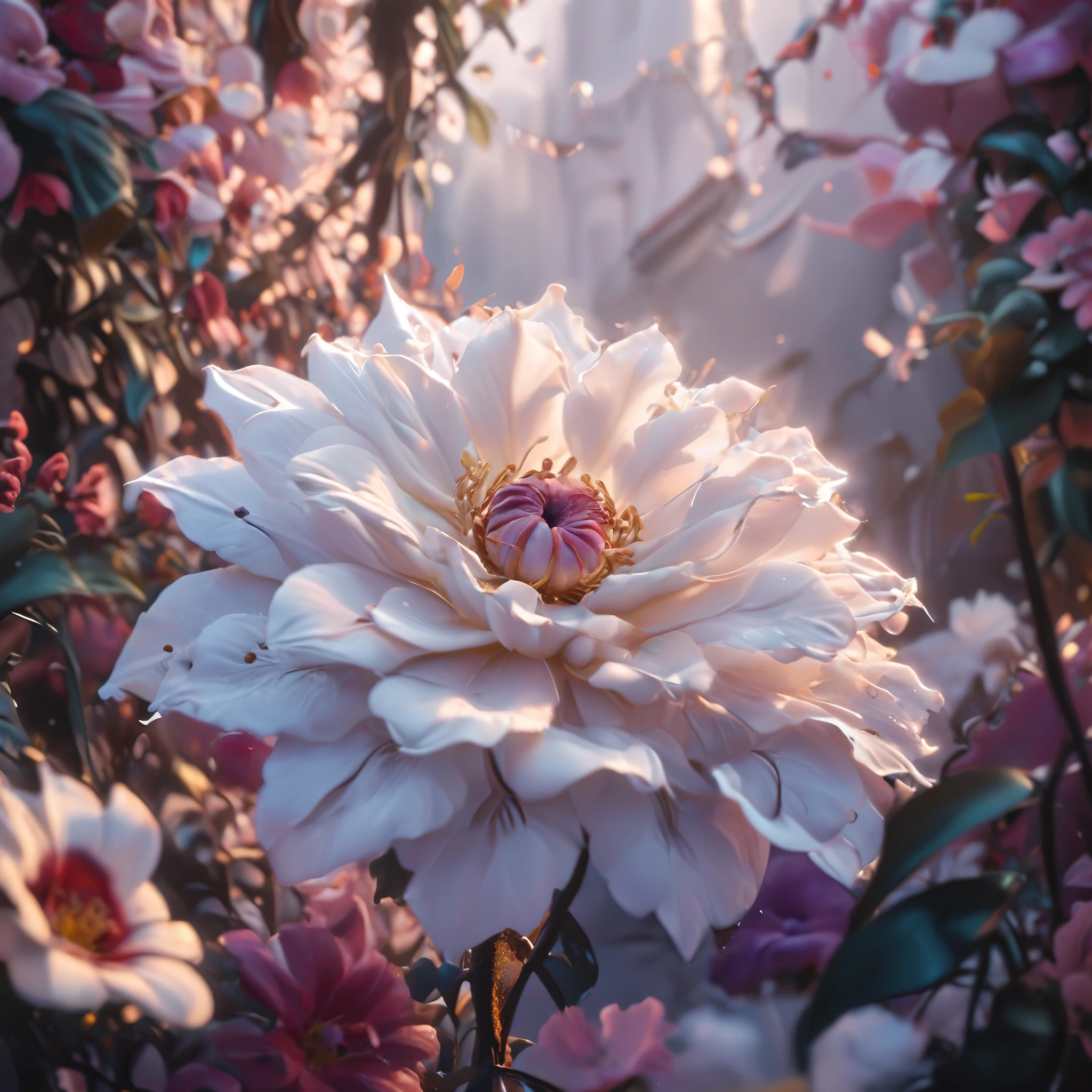 Abstract, concept: Dream in full bloom, Floral elements, Big Flower, Complex, amazing, Mimalist, white, subtle, Elegant, luxury, Magical Area Effects, Fascinating, figure, Beautiful contrast color combination, East meets West, Juxtaposition, Cinematic,    