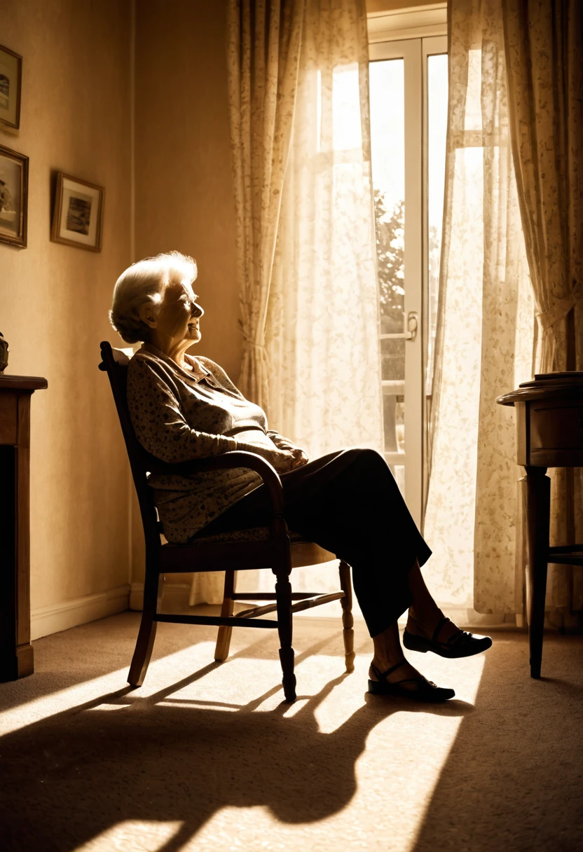 Backlit, shadow-like image, nostalgic image, winter afternoon room, surrealist room, winter sunlight pouring in through the large window, silhouette of an elderly woman sitting in a rocking chair in the room, the woman has a cat on her lap, low angle, painterly, pointillism, impressionist, sepia-toned,