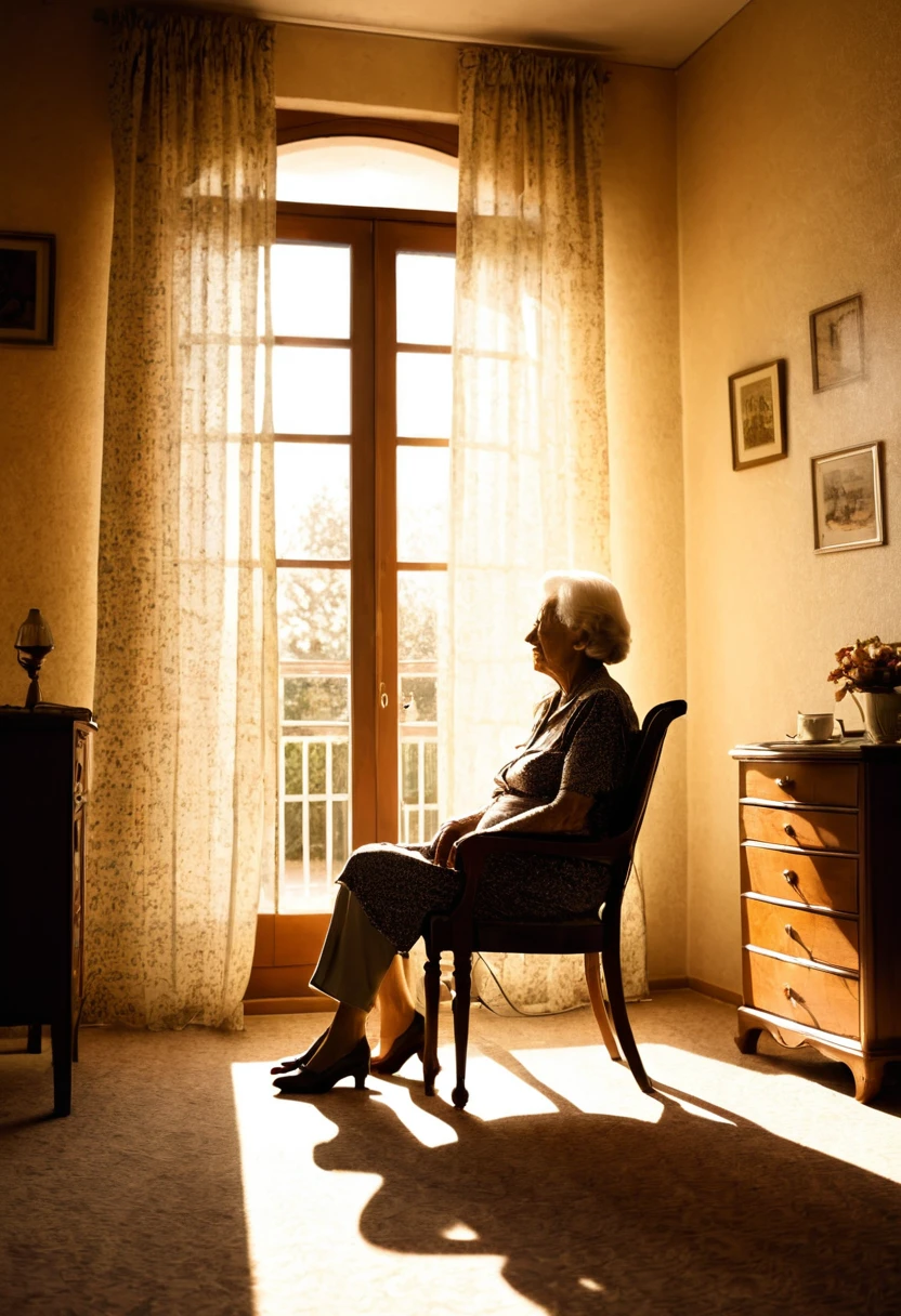 Backlit, shadow-like image, nostalgic image, winter afternoon room, surrealist room, winter sunlight pouring in through the large window, silhouette of an elderly woman sitting in a rocking chair in the room, the woman has a cat on her lap, low angle, painterly, pointillism, impressionist, sepia-toned,