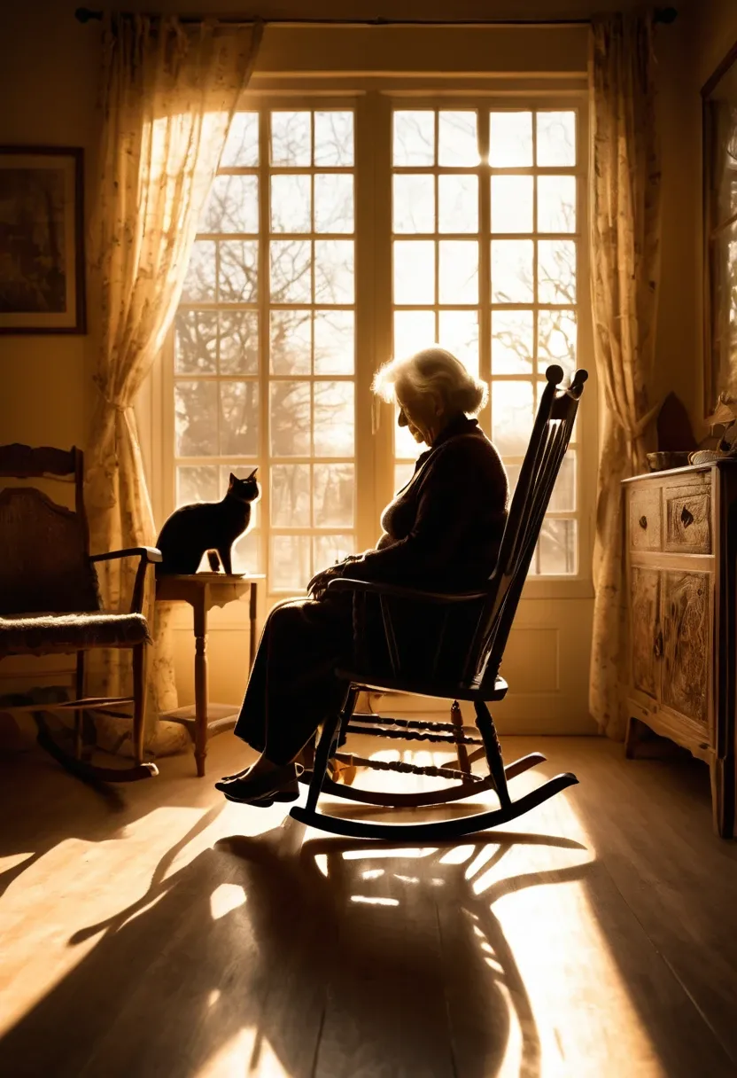 Backlit, shadow-like image, nostalgic image, winter afternoon room, surrealist room, winter sunlight pouring in through the large window, silhouette of an elderly woman sitting in a rocking chair in the room, the woman has a cat on her lap, low angle, painterly, pointillism, impressionist, sepia-toned,