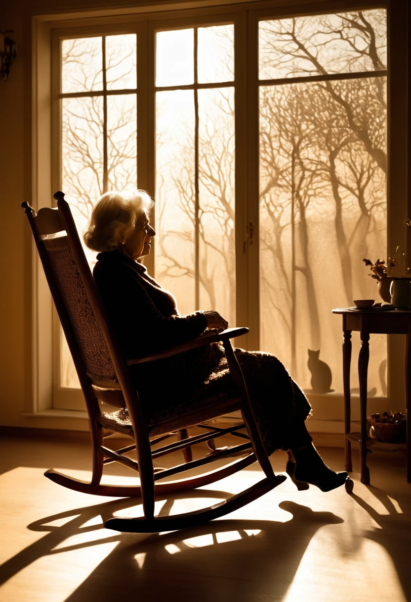 Backlit, shadow-like image, nostalgic image, winter afternoon room, surrealist room, winter sunlight pouring in through the large window, silhouette of an elderly woman sitting in a rocking chair in the room, the woman has a cat on her lap, low angle, painterly, pointillism, impressionist, sepia-toned,