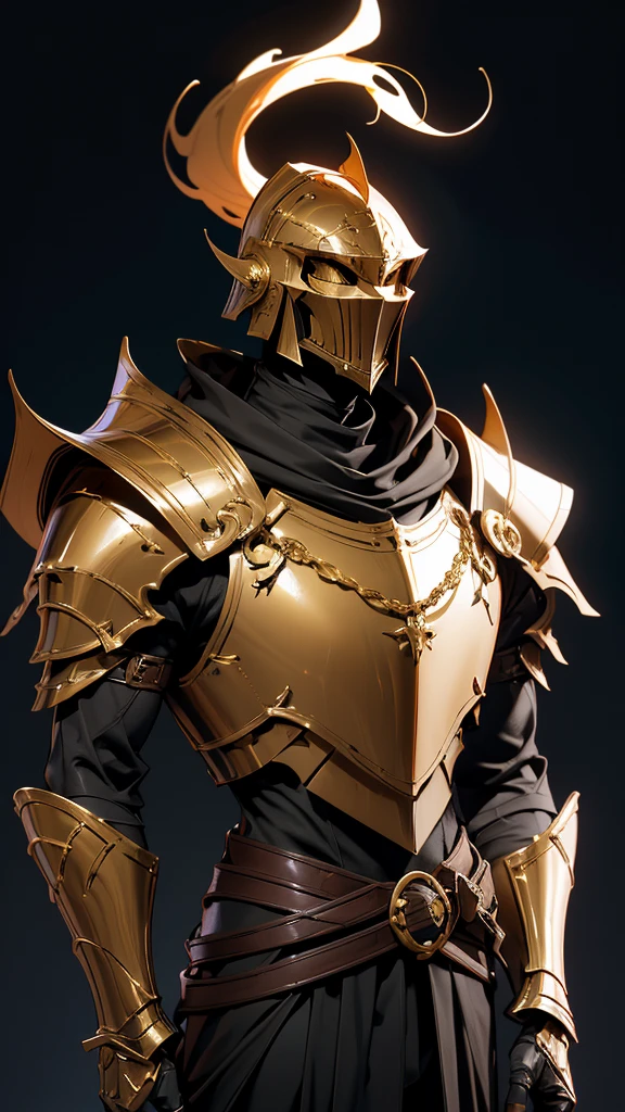 envision a 8k, highres, cinematic full body concept art design sheet of a Faceless Male Knight with a slender muscular body with Grand Golden leather armor with against a dark gray background in the style of dark fantasy