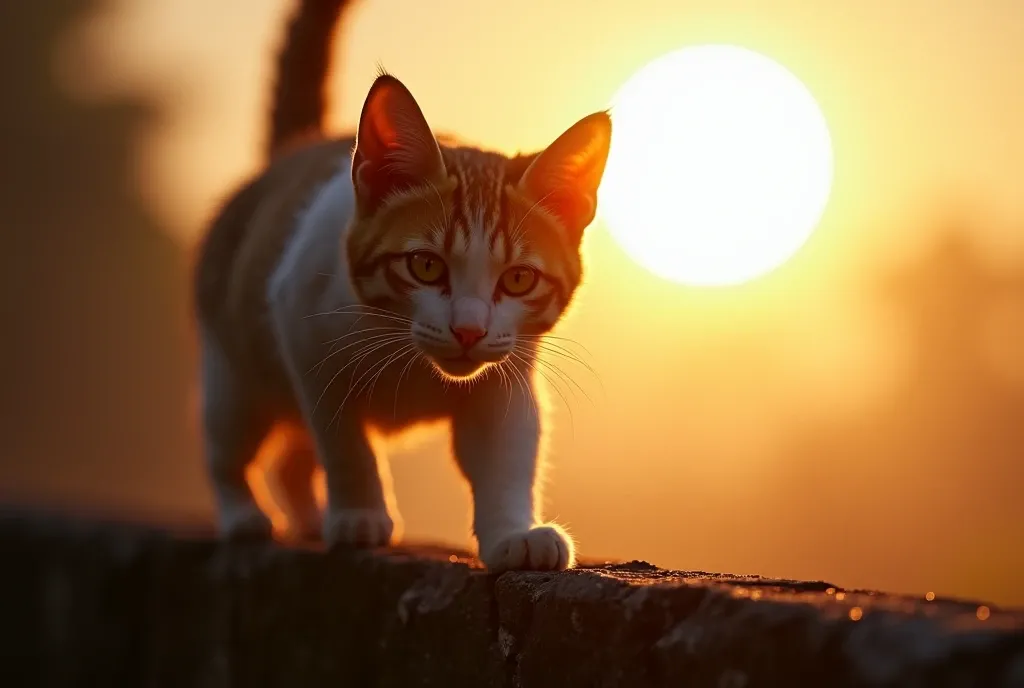 Photo realistic, Close-up photo of a cat, The cat is walking on top of the high wall in front of it., The sun is just beyond the cat, making it backlit., Focus on the cat's face, close-up, from below, UHD, masterpiece, anatomically correct, super detail, high details, high quality
