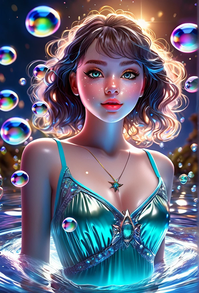 Full body angle, realistic girl, beautiful detailed eyes, beautiful detailed lips, highly detailed eyes and face, long eyelashes, spiritual, floating, dramatic lighting, vivid colors, glowing glass, colorful bubbles, 8k, high quality, official art, amazingly detailed, unity, masterpiece, photorealistic, bare thighs, aqua eyes, colored contact lenses, stars in eyes, detailed hands, (highly realistic photo, natural light, photorealistic, highly detailed, photography, masterpiece, high quality),