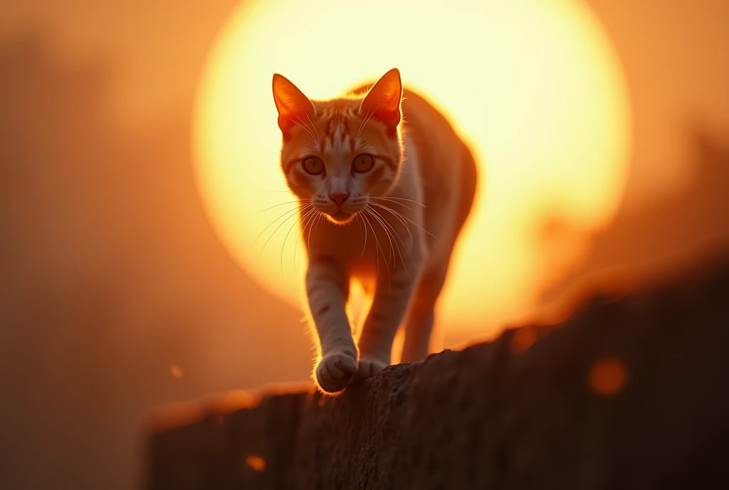 Photo realistic, Close-up photo of a cat, The cat is walking on top of the high wall in front of it., The sun is just beyond the cat, making it backlit., Focus on the cat's face, close-up, from below, UHD, masterpiece, anatomically correct, super detail, high details, high quality
