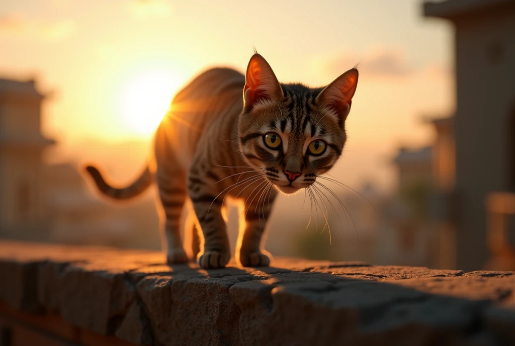 Photo realistic, Close-up photo of a cat, The cat is walking on top of the high wall in front of it., The sun is just beyond the cat, making it backlit., Focus on the cat's face, close-up, from below, UHD, masterpiece, anatomically correct, super detail, high details, high quality
