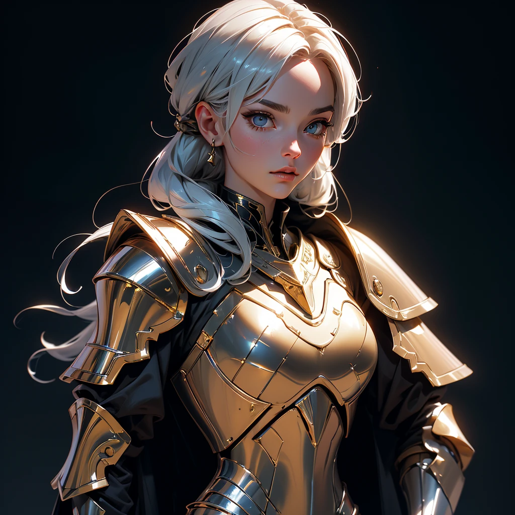 envision a 8k, highres, cinematic beautiful close up portrait of a Faceless Female Knight with a slender body with Light armor, Gold and Silver armor with against a dark gray background in the style of dark fantasy