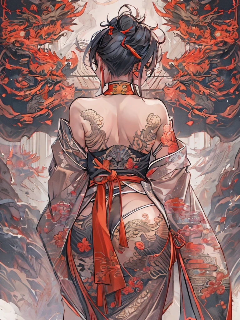 Highest quality, Ultra-high resolution, Detailing, From behind, Beautiful woman, Big ample breasts, Full back dragon tattoo, (Exposed Chinese clothing, the back is wide open, Large slits on the sides, String Panties)