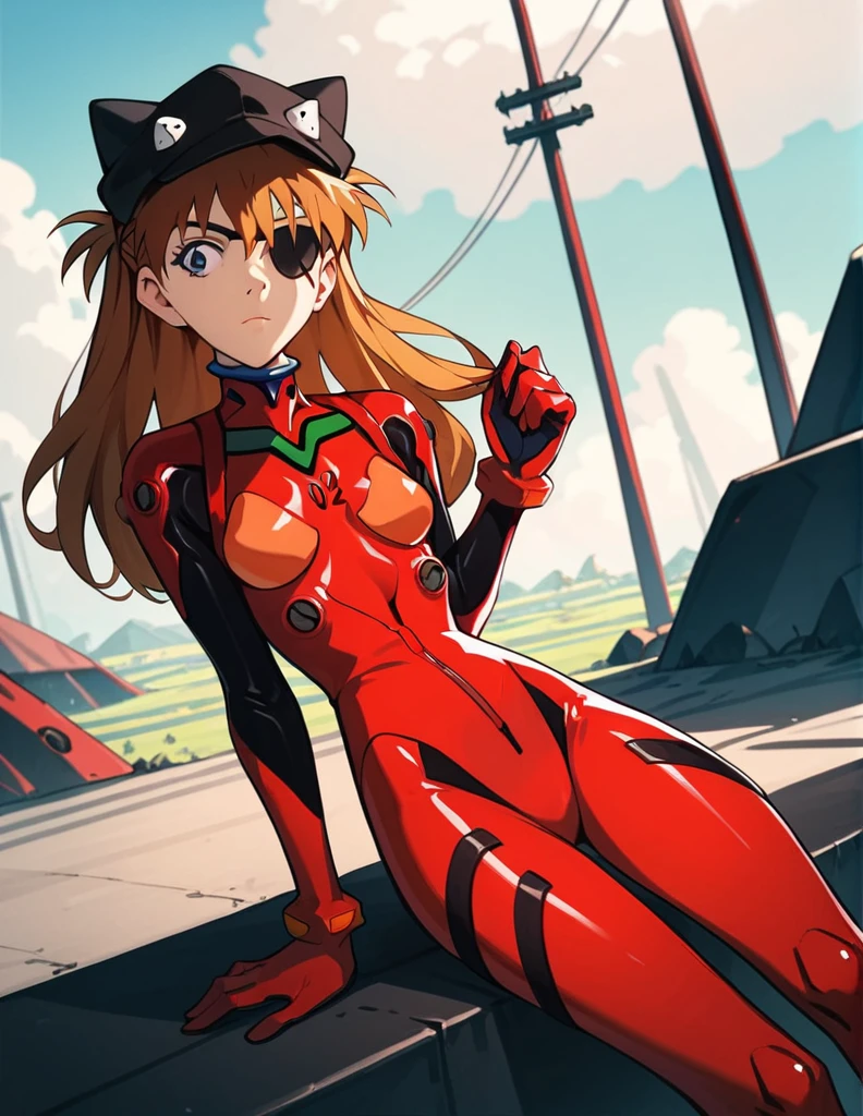 One girl, Soryu Asuka Langley, Neon Genesis EVANGELION, Evangelion New Theatrical Version, Cat hat, Plug Suit, Pilot Suit, Red bodysuit, Black eyepatch, Outdoor, masterpiece, Highest quality, High resolution, 