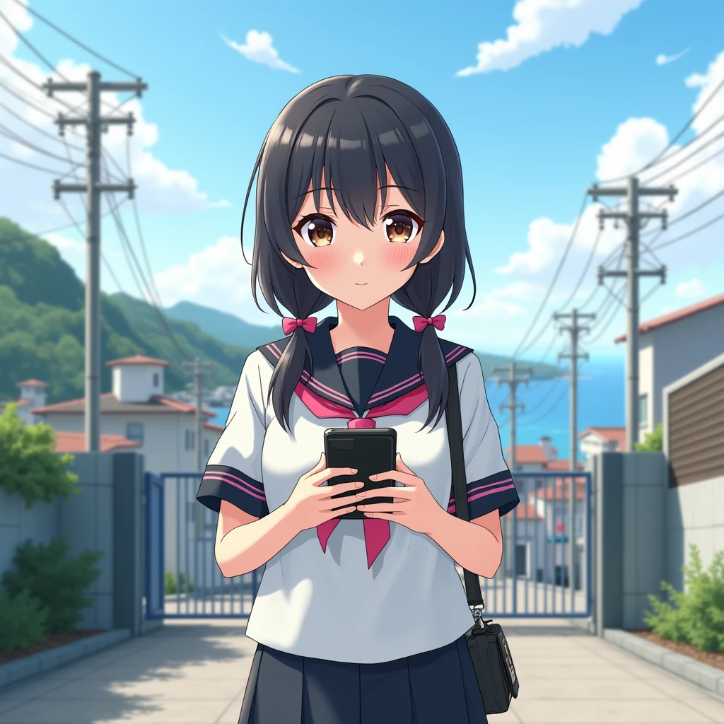 smartphone game,
1girl.
She is wearing a short sleeves white serafuku with black sailor collar with pink ribbon.
She is wearing a black skirt.
She has a very long low twintails with red ribbons. very long low pigtails, black hair.
Bag, late teens, small breasts, dark brown eyes.
Outside, school, school gate, electric pole, electric wire, hills, srope road, city scape, port city with mountains nearby, coastline, blue sky, daytime, horizon.
From front. Japanese.