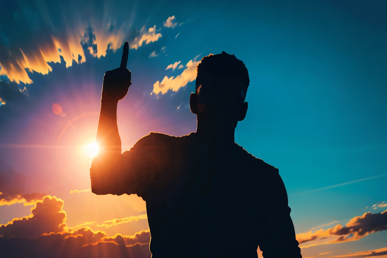 a man standing backlit with his index finger raised towards the camera, blue sky background, sun directly behind his head, silhouette style, (best quality, 8k, high resolution, masterpiece:1.2), ultra-detailed, realistic, dramatic lighting, strong backlighting, dramatic shadows, high contrast, minimalist composition