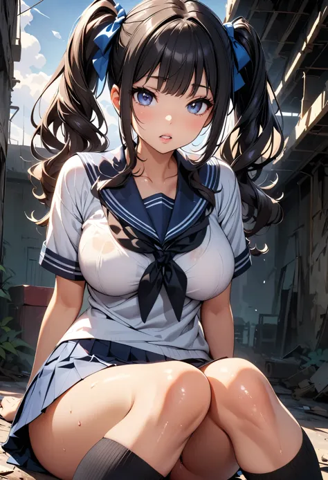 (Highest quality:1.24, Very detailed, Delicate and beautiful CG art, Detailed illustrations, Attention to detail, masterpiece:1.2, Highest quality, Best aesthetics), (((1 girl))), JK, ((Sexy Sailor Suit, Pleated mini skirt, Black Knee High)), Open your mouth:1.2, (Black Hair, Twin tails in a raised position, Bust Shot:1.1, Front view, Random Pause, Friendly atmosphere, Shiny Hair, Beautiful Skin, Detailed face and eyes, Glossy Lips, Curvy Women, Slender body, Beautiful breasts:1.4, Abandoned Factory, Waterlogged:1.2, Light and shadow with attention to detail, Background Blur.