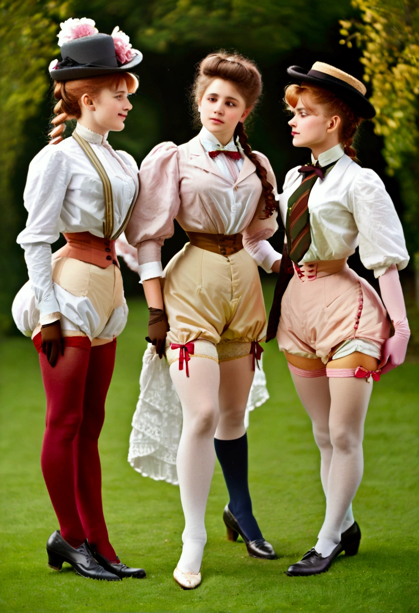 A group of teenage girls, of different hair colors, ages 13 to 15, flirting with old perverts in the 1890s, (((showing some leg, revealing their high-waisted bloomers))). Victorian setting. (((1890_dr3ss))). Year 1898. Colorful high-collar shirtwaists with puff sleeves, long skirts, elegant hats, ribbon ties and cameo brooches, gloves, petticoats, garter silk stockings and button boots.