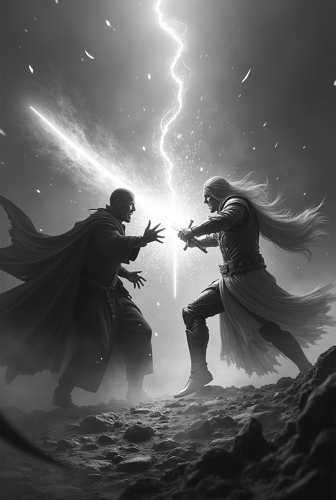 The Warrior of Light vs the Dark Mage、Light and shadow、Fantastic vast background in black and white、Backlight、collide violently in mid-air、Particles of light scatter、