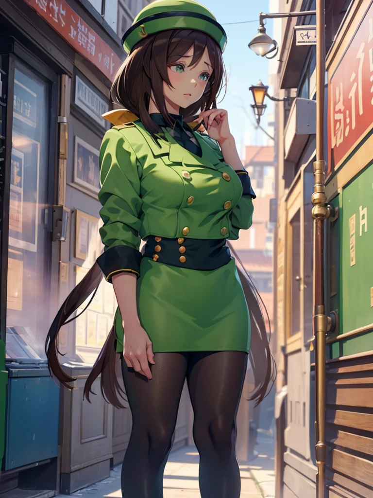 (​masterpiece、top-quality、hight resolution、Unity 8k、extremely details CG:1,Best Picture), hayakawa tazuna, low ponytail, green headwear, green jacket, pantyhose, A young woman, a "Pornstar Punishment" convict, stands rigidly in the middle of a bustling city street, her posture strict and formal, as if she were a soldier or prisoner in line. She wears a bright red choker with a small, laminated inmate ID card hanging from it, and her ears are adorned with large, pink star-shaped earrings that are garishly oversized, making her easily identifiable as a convict. Her simple, slightly worn-out clothing contrasts with her otherwise attractive appearance. In front of her stands a stern-looking prison officer. With her feet together and arms straight at her sides in a "stand at attention" position, she announces loudly and clearly that she has received a new filming request, detailing the explicit content as required. Despite the humiliation, she remains in her rigid stance, following protocol by publicly declaring the request. Passersby stop to listen, some with looks of shock or disdain, while others stare with morbid curiosity. The city around them buzzes with activity, but the scene draws attention as the woman, face flushed with shame, continues her report in the open air, fully aware that every word she speaks is being overheard by those around her.