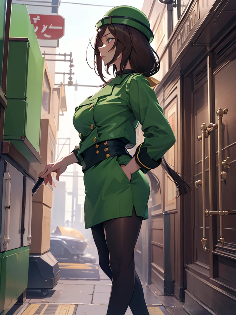 (​masterpiece、top-quality、hight resolution、Unity 8k、extremely details CG:1,Best Picture), hayakawa tazuna, low ponytail, green headwear, green jacket, pantyhose, A young woman, a "Pornstar Punishment" convict, stands rigidly in the middle of a bustling city street, her posture strict and formal, as if she were a soldier or prisoner in line. She wears a bright red choker with a small, laminated inmate ID card hanging from it, and her ears are adorned with large, pink star-shaped earrings that are garishly oversized, making her easily identifiable as a convict. Her simple, slightly worn-out clothing contrasts with her otherwise attractive appearance. In front of her stands a stern-looking prison officer. With her feet together and arms straight at her sides in a "stand at attention" position, she announces loudly and clearly that she has received a new filming request, detailing the explicit content as required. Despite the humiliation, she remains in her rigid stance, following protocol by publicly declaring the request. Passersby stop to listen, some with looks of shock or disdain, while others stare with morbid curiosity. The city around them buzzes with activity, but the scene draws attention as the woman, face flushed with shame, continues her report in the open air, fully aware that every word she speaks is being overheard by those around her.