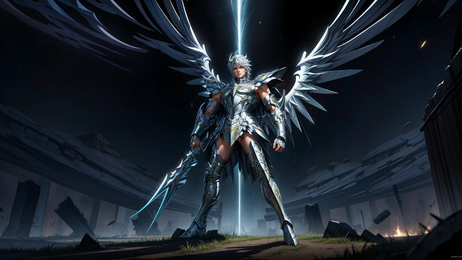 (masterpiece), 1man, full body shot, storm, dark clouds, thunderbolt, thunder, lightning, aggressive, night sky, full body, shadows, ruins, destruction, (((perfect hands))), starry sky, milky way, outdoors, fingerless gloves, ((light particles)), gleaming armor glinting in the starlight,  radiating powers, epic dark fantasy artwork, dynamic motion, saint_cloth divine_armor, (((metal wings))),  seiya, black hair, short hair, seiya,
BREAK, 
full body shot, photorealistic, best quality, (extremely detailed CG unity 64k wallpaper), ultra-high resolution, ultra-high definition, maximalist, 64k UHD, highres, intricate, intricate details, absurdres, highly detailed, finely detailed, ultra-detailed, ultra-high texture quality, DLSR, RTX, (HDR), detailed textures, ultra-high pixel detail, professionally color graded, full color depth, sharp focus, volumetric lighting, natural shadow, dramatic shading, dramatic lighting, 