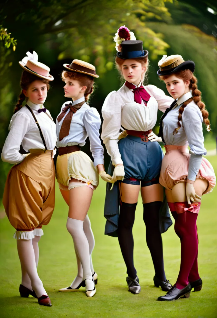 a group of teenage girls, of different hair colors, ages 13 to 15, flirting with old perverts in the 1890s, (((showing some leg,...