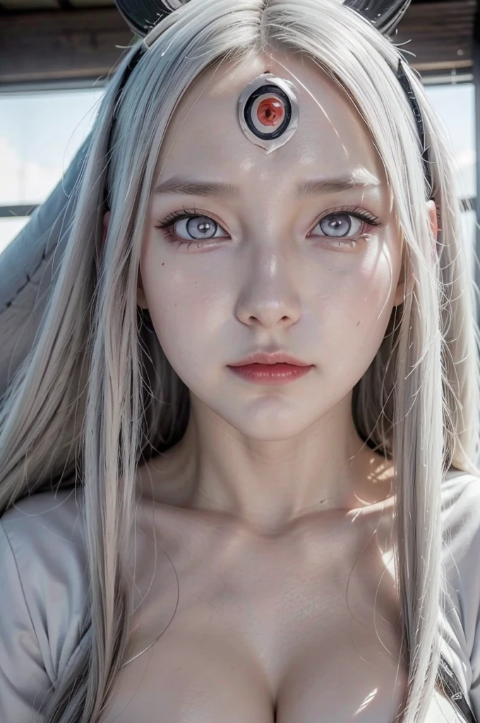 Kaguya from naruto anime, realistic, age 28, pure white skin, natural black horns, white pupils, third eye on forehead, white long hair, perfect face, perfect size body, huge breasts, white and black outfit, posing to viewer, 8k , ultra realistic, cowboy shot. 