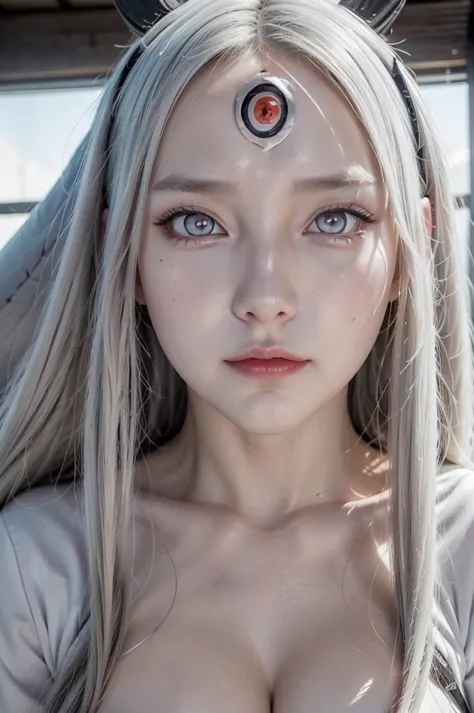 kaguya from naruto anime, realistic, age 28, pure white skin, natural black horns, white pupils, third eye on forehead, white lo...