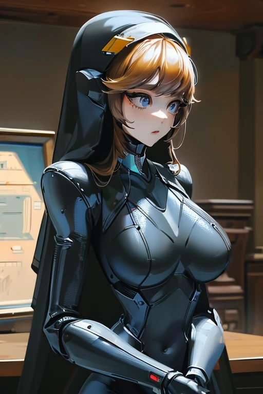 (masterpiece),(Highest quality),(Super detailed),(Best illustrations),(Best Shadow),(Absurd),(Detailed Background),(so beautiful), 16K, 8K, 4K,(Best Shadow),empty eyes,robotization,woman ,big bust,Robot Joint ,Metal skin,Black Suit,long hair,a black suit that covers the whole body,robot hand,cyber bodysuit,metal cat ear,rapunzel(nikke),cyber nun