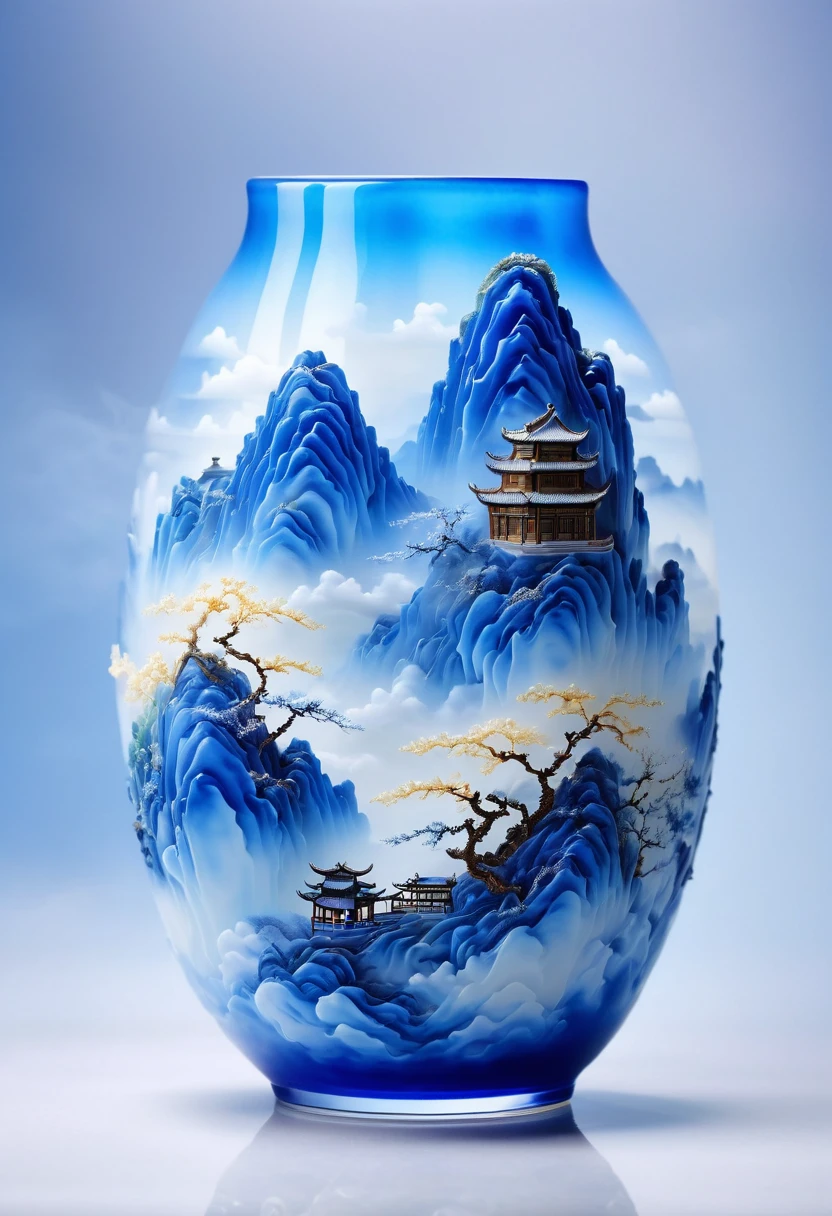 Micro landscape pattern carved on blue and white porcelain vase，Translucent glass material,Blue-white gradient,Traditional Chinese landscape painting,Abstract shapes,Minimalism,cave，3d。water vapor，White mist，Thick fog，