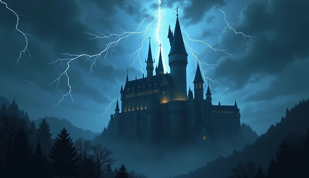 fantasy art, RPG art  of  a fantasy castle in thunder an lightning storm, the castle is being shown in backlight created by the lightning 