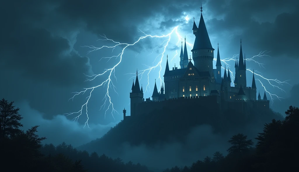 fantasy art, RPG art  of  a fantasy castle in thunder an lightning storm, the castle is being shown in backlight created by the lightning 