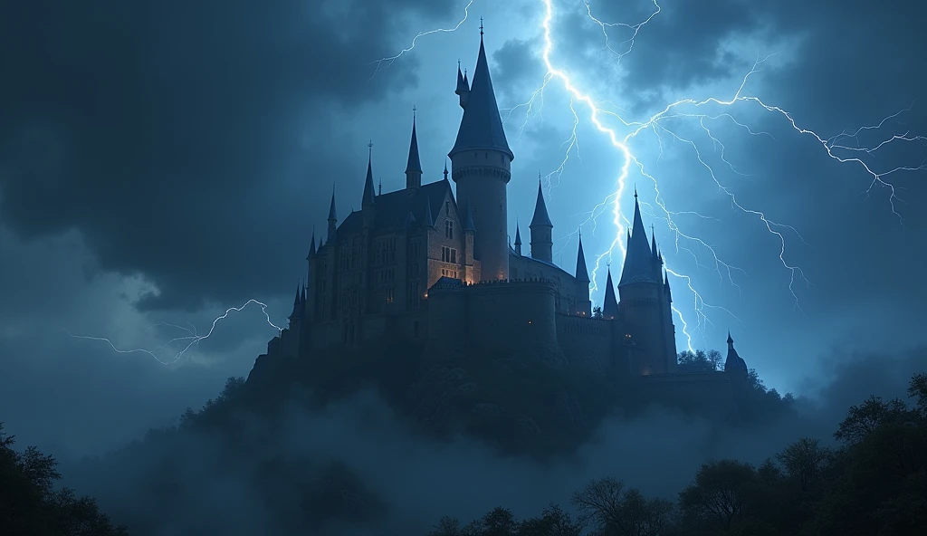 fantasy art, RPG art  of  a fantasy castle in thunder an lightning storm, the castle is being shown in backlight created by the lightning 