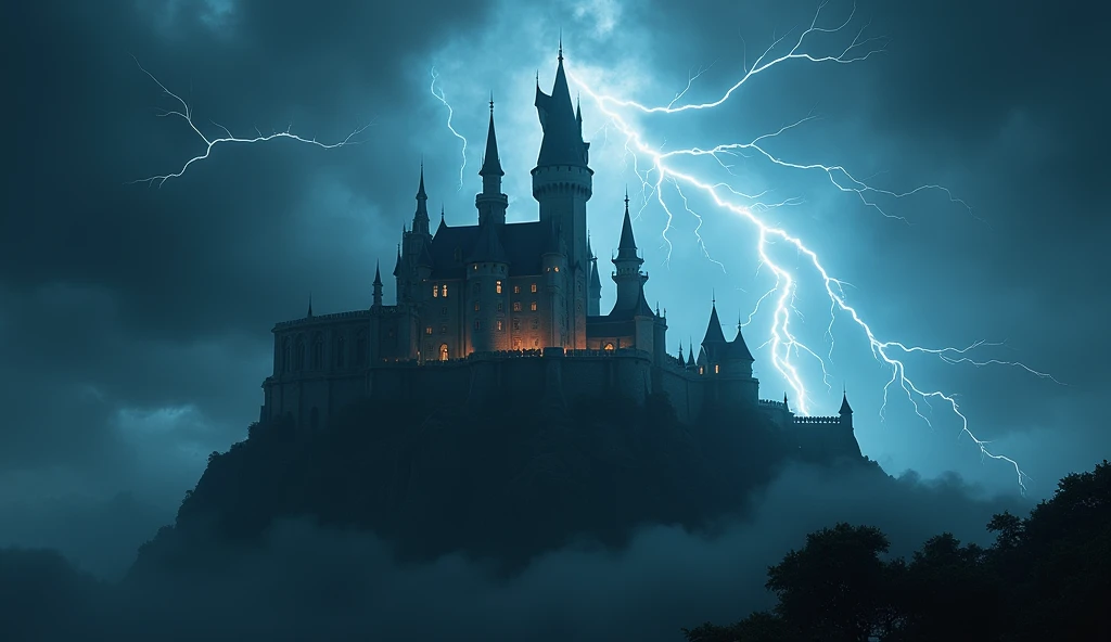 fantasy art, RPG art  of  a fantasy castle in thunder an lightning storm, the castle is being shown in backlight created by the lightning 