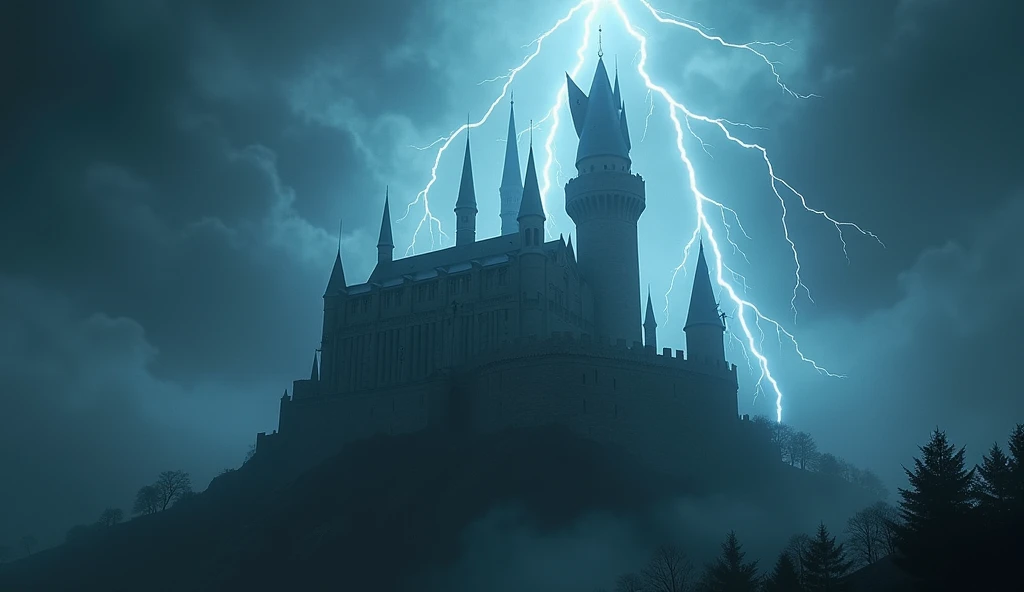 fantasy art, RPG art  of  a fantasy castle in thunder an lightning storm, the castle is being shown in backlight created by the lightning 