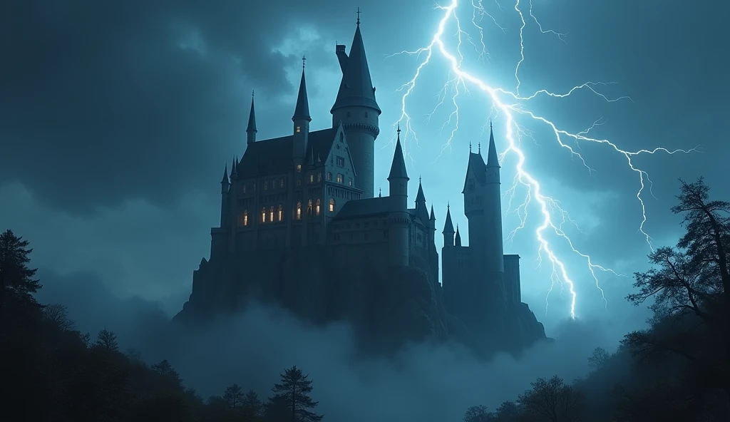 fantasy art, RPG art  of  a fantasy castle in thunder an lightning storm, the castle is being shown in backlight created by the lightning 