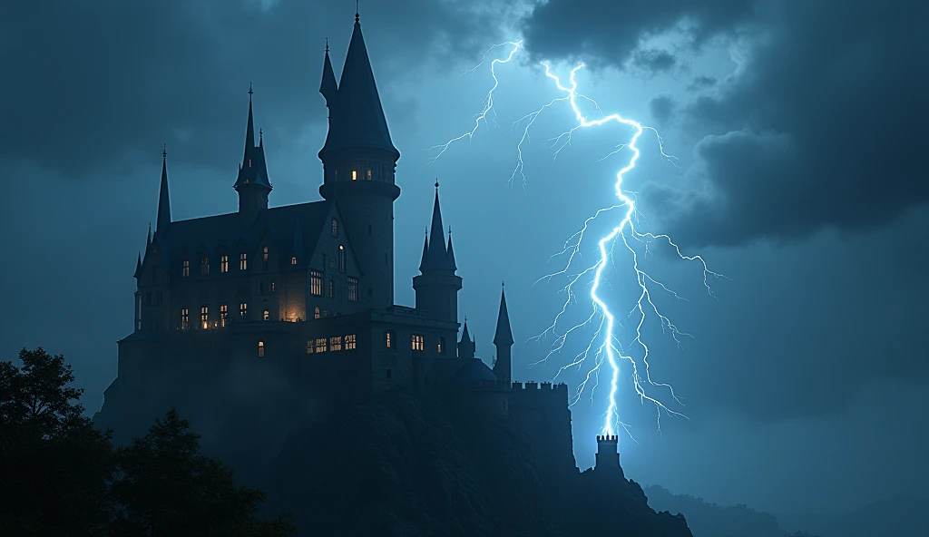 fantasy art, RPG art  of  a fantasy castle in thunder an lightning storm, the castle is being shown in backlight created by the lightning 