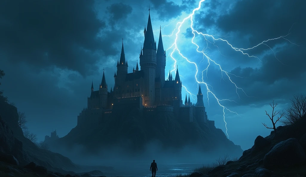 fantasy art, RPG art  of  a fantasy castle in thunder an lightning storm, the castle is being shown in backlight created by the lightning 