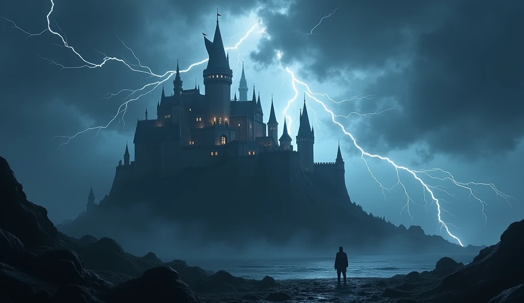 fantasy art, RPG art  of  a fantasy castle in thunder an lightning storm, the castle is being shown in backlight created by the lightning 