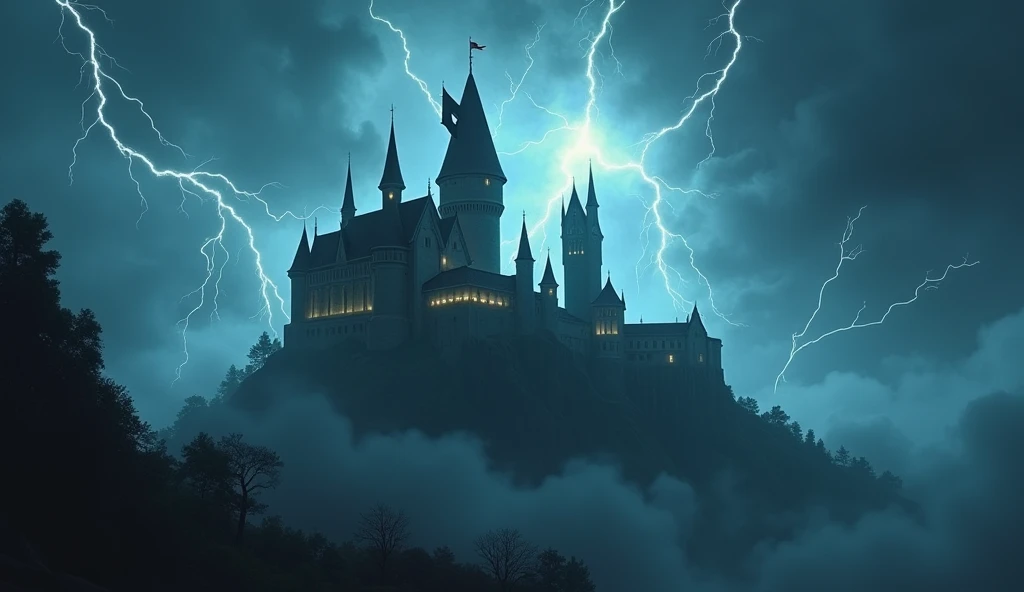 fantasy art, RPG art  of  a fantasy castle in thunder an lightning storm, the castle is being shown in backlight created by the lightning 