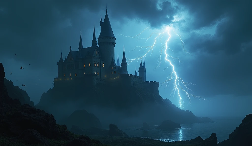 fantasy art, RPG art  of  a fantasy castle in thunder an lightning storm, the castle is being shown in backlight created by the lightning 