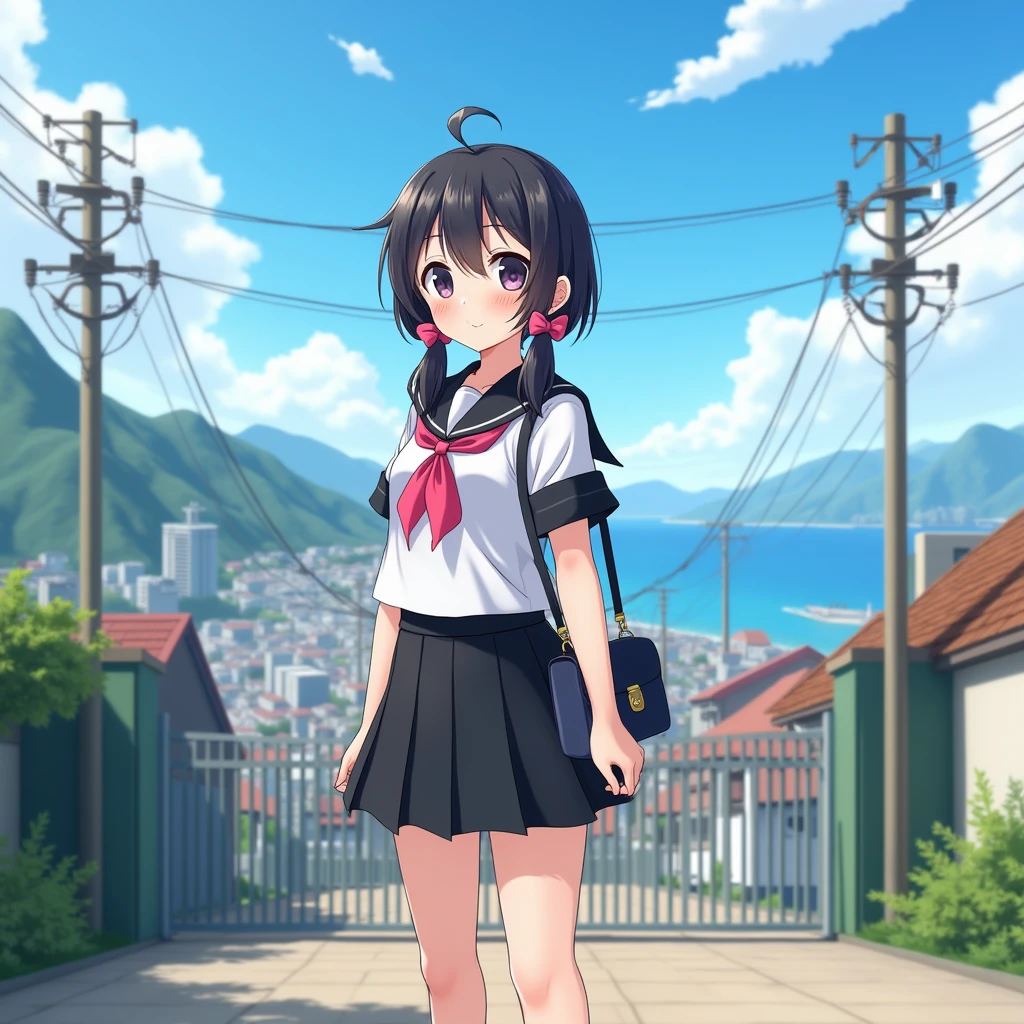 smartphone game,
1girl.
She is wearing a short sleeves white serafuku with black sailor collar with pink ribbon.
She is wearing a black skirt.
She has a very long low twintails with red ribbons. very long low pigtails, black hair.
Bag, late teens, small breasts, dark brown eyes.
Outside, school, school gate, electric pole, electric wire, hills, srope road, city scape, port city with mountains nearby, coastline, blue sky, daytime, horizon.
From front. Japanese.