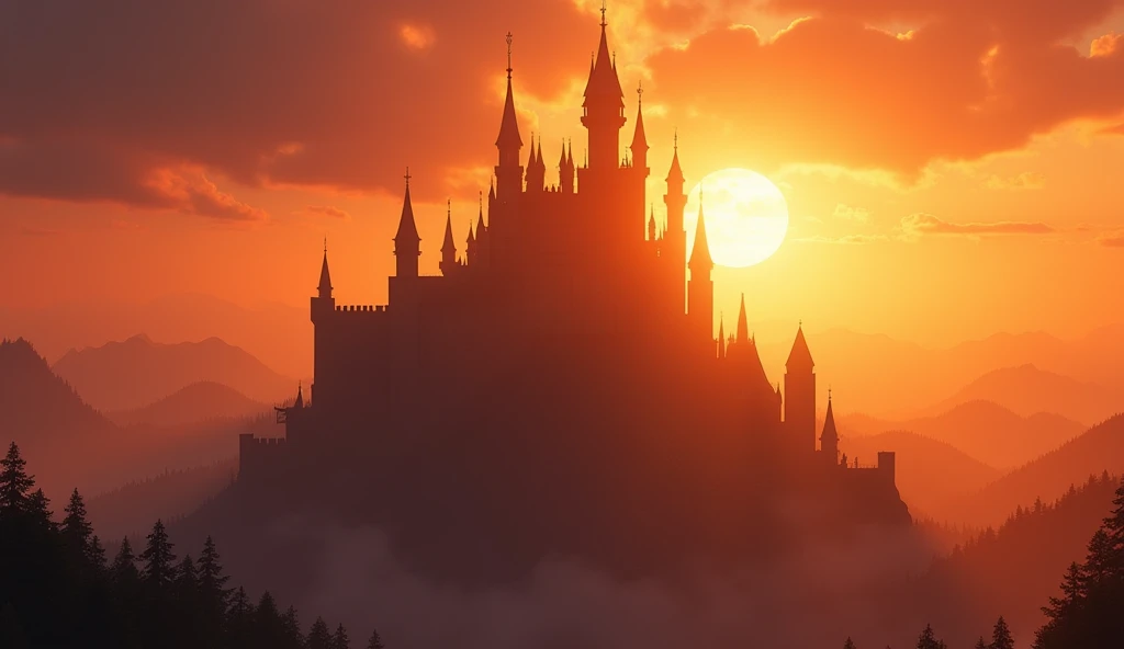 fantasy art, RPG art of a fantasy castle at sunset, the castle is being shown in backlight created by the sunsetting, sunrays, divine light, a dragon flies near the castle 