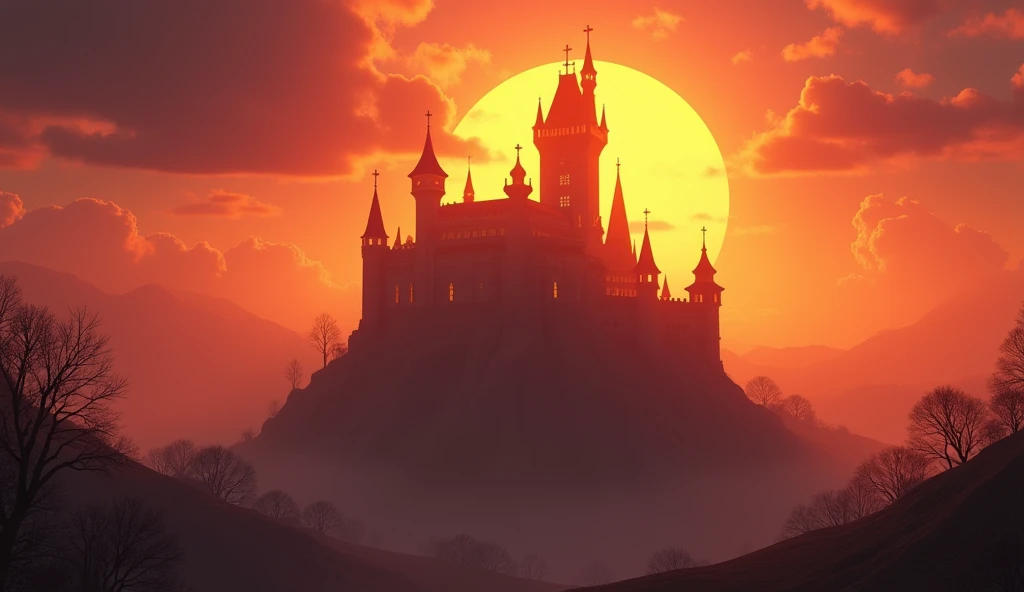 fantasy art, RPG art of a fantasy castle at sunset, the castle is being shown in backlight created by the sunsetting, sunrays, divine light, a dragon flies near the castle 