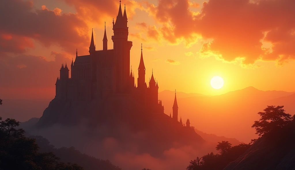 fantasy art, RPG art of a fantasy castle at sunset, the castle is being shown in backlight created by the sunsetting, sunrays, divine light, a dragon flies near the castle 