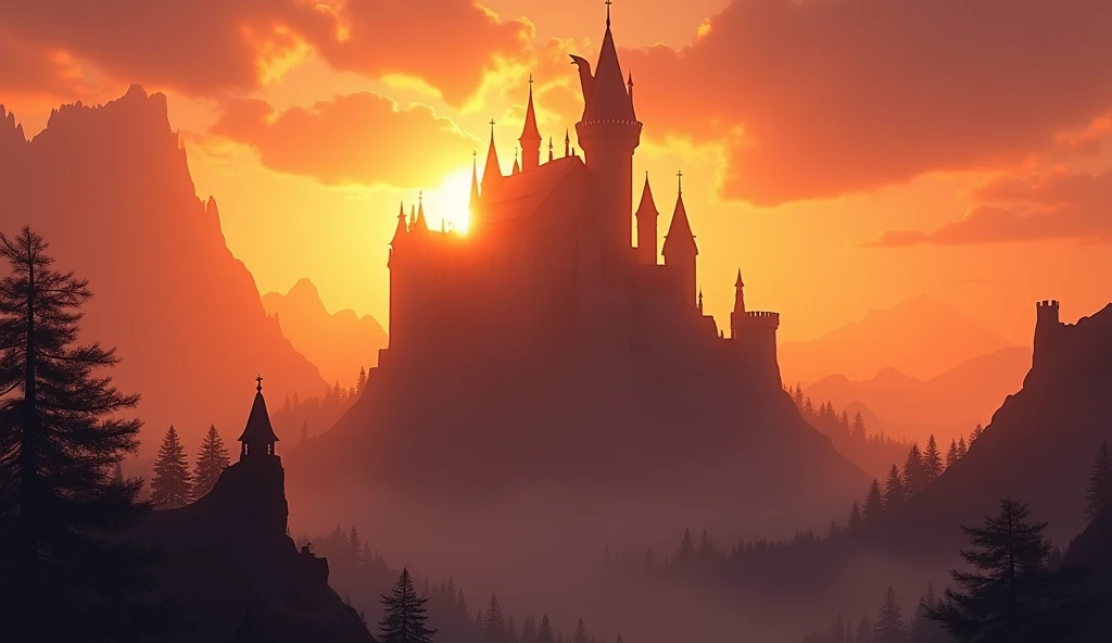 fantasy art, RPG art of a fantasy castle at sunset, the castle is being shown in backlight created by the sunsetting, sunrays, divine light, a dragon flies near the castle 