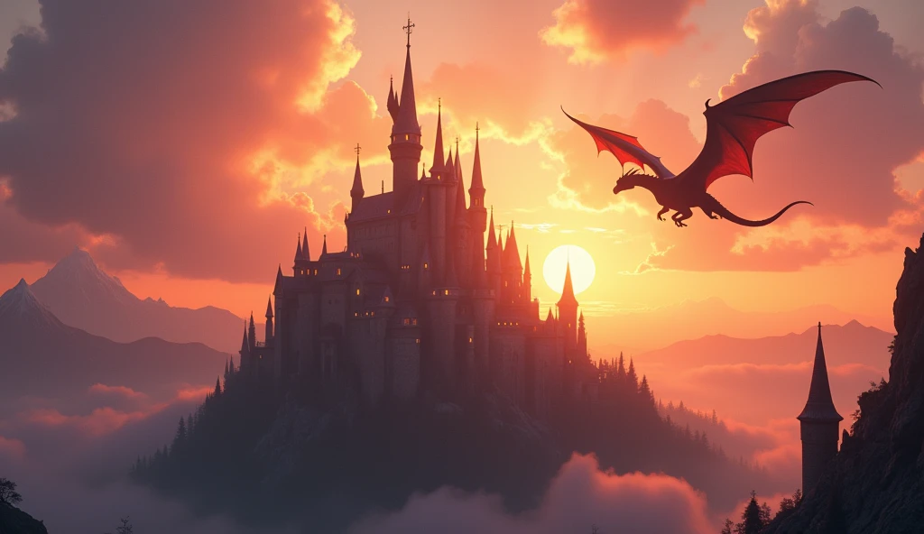 fantasy art, RPG art of a fantasy castle at sunset, the castle is being shown in backlight created by the sunsetting, sunrays, divine light, a dragon flies near the castle 