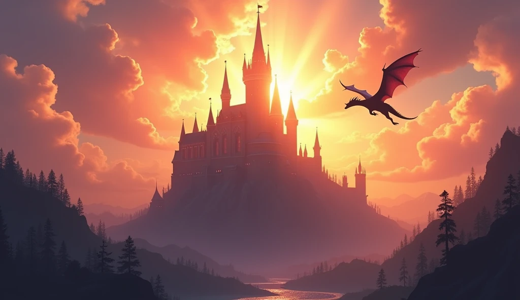 fantasy art, RPG art of a fantasy castle at sunset, the castle is being shown in backlight created by the sunsetting, sunrays, divine light, a dragon flies near the castle 