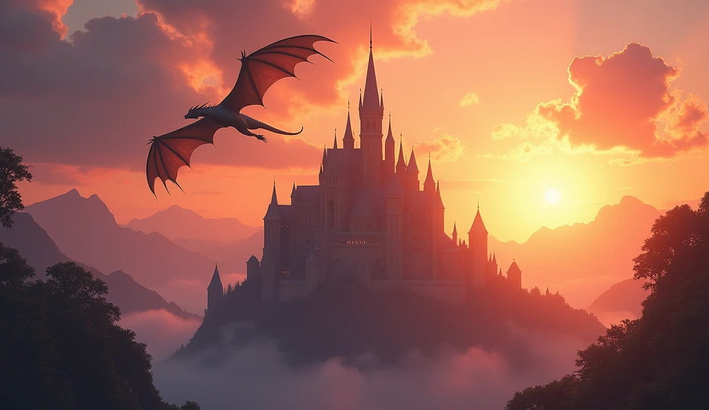 fantasy art, RPG art of a fantasy castle at sunset, the castle is being shown in backlight created by the sunsetting, sunrays, divine light, a dragon flies near the castle 