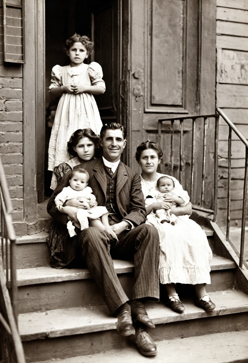 Painting, impressionist oil painting, retro feel, sepia tone, 1880s New York, Bronx, Little Italy, Italian immigrants, portrait of a poor young couple and their child in worn everyday clothes, they are smiling,